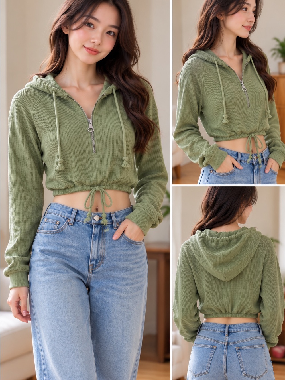 Pacsun Cropped Olive Green Hooded Half-Zip Pullover Top
